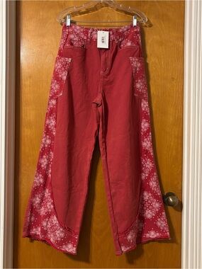POL Red Wide-Leg Flare Jeans with Floral Side Panels